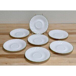 Set Of 7 Corelle by Corning CHUTNEY Saucers White with Green Swirl Rim USA Made